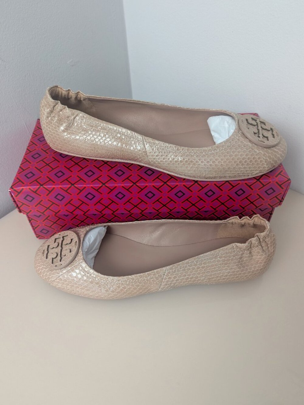 Tory Burch $228 Minnie Travel Ballet Flats Snake Embossed MANY SIZES Meadowsweet